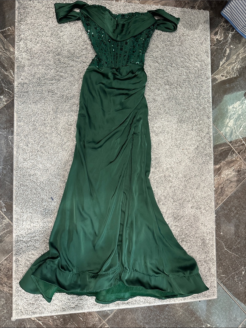 Amazon Off-Shoulder Emerald Green Beaded Prom Gown